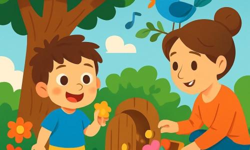 Un garçon de 4 ans, avec des cheveux bruns en désordre et des yeux curieux, se tient sous un grand arbre. Il sourit et ses joues sont roses d'excitation. Il porte un t-shirt bleu et un short jaune, tenant un caillou en forme d'étoile. Sa maman, une femme d'une trentaine d'années avec des cheveux châtains en chignon, sourit en l'aidant à ouvrir une petite porte en bois cachée. Le jardin est verdoyant avec des fleurs colorées et un ciel bleu. Le garçon découvre une boîte brillante remplie de cœurs en papier coloré, tandis qu'un oiseau bleu chante sur une branche, ajoutant une touche de magie à cette scène d'aventure.