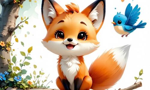 Au centre de l'image, un petit renard orange vif, nommé Renardou, se tient sur un radeau de branches flottantes, souriant d'excitation. À ses côtés, un petit oiseau bleu, nommé Petit Oiseau, vole joyeusement en chantant. En arrière-plan, un lac scintillant, bordé de nénuphars aux fleurs blanches et jaunes, reflète un ciel bleu avec des nuages. Des arbres majestueux entourent la scène. Renardou et Petit Oiseau naviguent ensemble sur le radeau, prêts à aider une petite grenouille verte perchée sur un nénuphar, qui les regarde avec espoir alors qu'ils s'apprêtent à traverser le lac pour rejoindre sa famille.