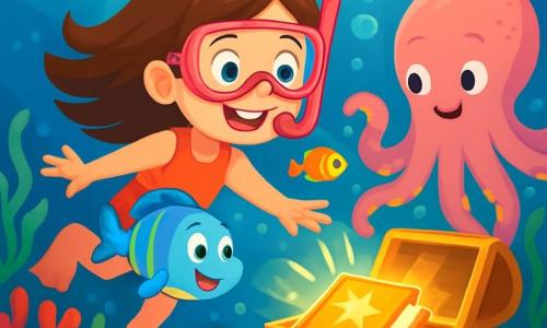 Une fille de 8 ans, avec de longs cheveux bruns flottants dans l'eau, porte un masque de plongée rose et un tuba. Elle sourit avec émerveillement, nageant entourée de poissons multicolores. À ses côtés, un petit poisson bleu à rayures jaunes, nommé Lino, s'approche d'elle avec curiosité. Plus loin, une pieuvre géante et amicale, Maître Octave, les observe, prête à les guider. Le fond marin est rempli de coraux vibrants et de rayons de lumière. Zoé et ses amis découvrent un coffre ancien décoré de perles, révélant un livre magique brillant, tandis qu'une tempête éclate au loin, ajoutant une touche d'aventure à leur exploration.