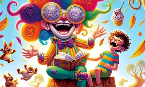 Un géant joyeux aux cheveux multicolores et portant des lunettes de soleil géantes est assis sur un tronc d'arbre, souriant et riant, entouré de plumes. À ses côtés, Félix, un garçon de dix ans avec des cheveux bruns en bataille, tient un livre de blagues et rit aux éclats. Oscar, un chien en peluche, est assis à ses pieds, excité. La scène se déroule dans une clairière ensoleillée, entourée d'arbres tordus et de fleurs colorées, avec des créatures amusantes ajoutant de la magie. Le géant et Félix partagent un moment de joie en préparant le festival des farces.