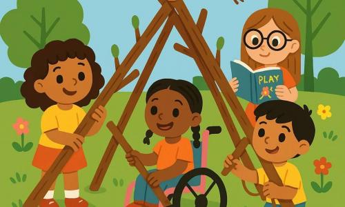 Quatre enfants sont présents : Léa, une fille de 8 ans aux boucles brunes, se tient à gauche avec une branche ; Emma, 9 ans, porte de grandes lunettes et lit un livre à droite de Léa ; Maya, 7 ans avec la peau caramel et des cheveux tressés, est assise dans un fauteuil roulant rose au centre, souriante avec une branche ; Samir, 8 ans aux cheveux noirs, se trouve à droite de Maya, attachant une branche à la cabane. L'action se déroule dans un parc ensoleillé avec des fleurs et des arbres, où ils construisent une cabane en branches, symbolisant l'amitié et la tolérance.