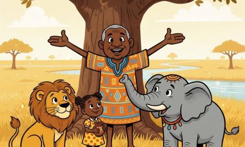 Kofi, homme au visage rond, peau chaude et cheveux courts grisés, sourit doucement et porte une tunique orange et bleue ; il se tient devant un grand baobab, les bras ouverts pour apaiser un lion doré et un éléphant gris perle décoré de rubans, la fillette d'environ 5 ans à sa gauche, en robe jaune à pois rouges et tenant une petite calebasse, sourit en témoin ; clairière de savane aux herbes ondulantes, rivière étincelante et ciel pâle, atmosphère sereine de réconciliation.