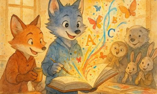 Un jeune loup anthropomorphe, Léo, au centre, pelage gris aux reflets bleus, visage émerveillé et fier, tient un grand livre ouvert d'où s'envolent des lettres colorées devenant papillons et rubans lumineux ; à gauche Noa, renard jeune au sourire complice, fourrure rousse avec taches blanches, penché vers Léo en tenant un pot d'encre dorée pour ajouter des éclats sur les pages ; à droite des villageois animaux — un vieux blaireau, une chouette et deux lapins en vêtements simples —, étonnés et ravis, se penchent autour d'une table en applaudissant doucement ; la scène se déroule dans une salle communautaire en bois clair aux grandes fenêtres baignées de lumière dorée, guirlandes de papier au plafond et tables couvertes de livres et d'aquarelles tachées, tandis que, après la tempête, les pages mouillées du livre se transforment en nouvelles couleurs dans une atmosphère chaleureuse, ponctuée d'une explosion de lettres colorées et d'éclaboussures aquarelle maîtrisées autour des personnages.
