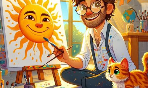 Arthur, au centre de l'image, a des cheveux bruns en bataille et des lunettes rondes qui lui donnent un air rêveur. Il sourit joyeusement, avec des taches de peinture sur sa chemise blanche, tout en peignant un grand soleil souriant sur un papier épais, entouré de pinceaux colorés. À ses côtés, son chat Biscotte, un petit félin aux poils roux et aux yeux verts, observe le tableau en se frottant contre sa jambe. L'atelier lumineux est rempli de pots de peinture, de pinceaux en désordre et de toiles aux murs, avec la lumière du matin filtrant à travers les fenêtres. Arthur crée un magnifique tableau, tandis que Biscotte joue avec un pinceau tombé au sol.