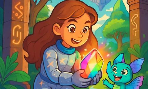 Lila, une jeune femme intrépide aux cheveux longs et ondulés, rayonne d'excitation et de détermination dans sa combinaison spatiale argentée ornée de motifs étoilés. Elle tient un cristal lumineux qui irradie des couleurs vives. À ses côtés, Nibb, un petit être aux écailles irisées et aux yeux pétillants, saute de joie, ses ailes translucides scintillant. Ils se trouvent dans un ancien temple majestueux aux murs couverts de runes lumineuses, entouré d'une jungle luxuriante. Lila se concentre sur le cristal, prête à rétablir l'harmonie de la planète Elaria, tandis que Nibb l'encourage avec enthousiasme, dans une ambiance magique et colorée.