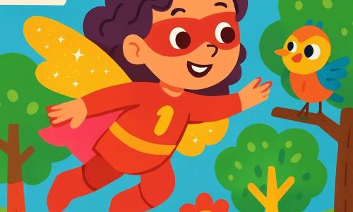 Lila, une super-héroïne aux ailes scintillantes, vole joyeusement dans le ciel. Elle a de longs cheveux bouclés et un sourire éclatant. À ses côtés, un petit oiseau coloré, curieux et nerveux, essaie de voler depuis une branche. Le décor est une forêt magique avec des arbres multicolores et des fleurs dansantes, sous un ciel bleu parsemé de nuages. Lila aide le petit oiseau à prendre son envol, créant une scène de joie et d'amitié, mêlant magie de la nature et aventure.