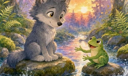 Lino, petit loup anthropomorphe au pelage gris et aux yeux noisette, assis sur une pierre au bord d’un ruisseau clair, écoute avec curiosité une grenouille verte souriante perchée sur une pierre voisine; berges couvertes de mousse et fougères, reflets argentés et cailloux visibles sous l’eau, lumière douce du coucher de soleil aux teintes violettes et roses, style aquarelle aux contours fins et textures de papier, ambiance calme et tendre de partage entre amis.