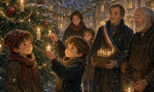 Émile, 8 ans, visage rond, cheveux châtain clair en bataille, tient avec soin une petite flamme pour allumer la première bougie du grand sapin, tandis que Tom, 8 ans, bonnet rouge, le regarde avec admiration; la mère d’Émile, ~35 ans, cheveux attachés, sourit tendrement en arrière-plan la main sur l’épaule d’un autre enfant; le forgeron, ~65 ans, barbu, manteau sombre, tient une vieille lanterne réparée et observe bienveillant à droite; le maire, ~50 ans, manteau ample, tient une boîte de bougies près du sapin; sur la place enneigée aux maisons en pierre et pavés humides, le grand sapin décoré de pommes rouges et guirlandes dorées illumine les visages sous une fine neige, créant une ambiance calme et joyeuse.