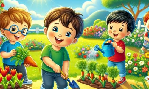Dans un jardin ensoleillé, quatre garçons jardinent. Timéo, cinq ans, est accroupi au centre avec une petite pelle colorée. À sa droite, Lucas, également cinq ans, creuse un trou. À gauche, Noah sème des graines de carottes, tandis que Sam, avec une béquille, arrose les plantes. Le jardin est rempli de fleurs colorées et le ciel est bleu avec quelques nuages. Les garçons rient en découvrant la magie du printemps et la beauté de la nature.