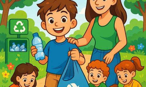 Un garçon de 8 ans, Max, avec des cheveux châtains en bataille et des yeux curieux, se tient au centre de l'image, souriant fièrement. Il porte un t-shirt bleu vif et un short beige, tenant une bouteille en plastique d'une main et un sac de recyclage de l'autre. À ses côtés, sa maman, une femme d'une trentaine d'années avec des cheveux longs et bruns, l'encourage, vêtue d'un débardeur vert et d'un jean. Le parc ensoleillé est bordé d'arbres et de fleurs colorées, avec un panneau de recyclage visible au fond. Max et ses amis, des enfants de 8 ans, ramassent des bouteilles en plastique avec détermination et joie, illustrant leur engagement pour la protection de la planète.