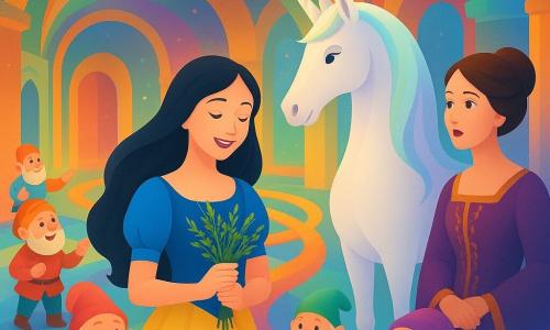 Blanche-Neige, une jeune fille aux longs cheveux noirs et à la peau claire, sourit doucement en tenant un bouquet d'herbes sauvages. Elle est au centre d'une salle lumineuse entourée de couleurs vives. À sa droite, une licorne blanche se tient majestueusement, sa corne scintillant. À sa gauche, la Reine, une femme d'âge moyen avec des cheveux bruns en chignon, regarde autour avec curiosité, sa robe pourpre ornée de motifs dorés. Les sept nains, petits et joyeux, sont dispersés dans la salle, chacun montrant des objets colorés et amusants. Le musée est une vaste pièce aux murs peints de fresques multicolores, avec des portes de différentes formes et tailles menant à des mondes imaginaires. La scène principale montre Blanche-Neige et la Reine découvrant ensemble la salle des rives, où des chemins de rubans colorés s'entrelacent sous un plafond étoilé.