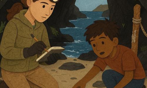 Maëlys, exploratrice au visage concentré, lampe frontale, veste kaki et carnet étanche, relève des mesures près d’une plage de galets dans une caverne de basalte noire; Noam, garçon d’environ 12 ans aux cheveux en bataille, s’accroupit émerveillé et montre une spirale de pierres et un mât rongé par le sel; la caverne, cratère strié avec fougères humides et une fente laissant passer une lumière bleue marine sur une anse protégée d’eau profonde, évoque découverte respectueuse et tension douce de la marée; détails: cordes et piton, marques de craie, gravures de vagues, empreintes de phoques; palette de papiers découpés texturés (noirs, bleus marins, verts mousse, blanc salé, ocre) en style collage à bords visibles, couches froissées et ombres contrastées; composition: Maëlys centre-gauche, Noam devant à droite, anse et lumière en arrière-plan pour guider le regard.