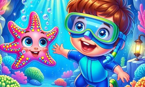 Léo, un petit garçon de 4 ans aux cheveux bruns en bataille et aux yeux curieux, nage joyeusement dans une eau turquoise. Il porte un maillot de bain bleu et un masque de plongée, affichant un grand sourire. À ses côtés, une étoile de mer colorée, Stella, flotte gracieusement. La scène se déroule dans une grotte sous-marine magique, où des coraux multicolores et des poissons phosphorescents créent une atmosphère féerique. Léo et Stella explorent ce monde sous-marin, découvrant des trésors et des créatures amicales, tandis que des bulles d'air s'échappent de leur plongée.