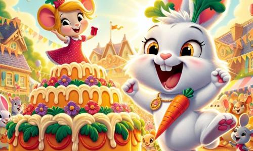Léo, un jeune lapin au pelage blanc et aux yeux malicieux, est au centre de l'image, sautant de joie avec un sourire, portant un collier en carottes en plastique. À côté de lui, Chloé la souris, vive avec une robe à pois, lève les bras, rayonnante de bonheur, tenant une boîte rouge. En arrière-plan, une place de village animée est décorée de banderoles et de ballons, avec des amis animaux autour d'une grande table où se trouve un énorme gâteau à la carotte. La scène est éclairée par le soleil couchant, créant une ambiance festive. Léo et Chloé célèbrent l'anniversaire de Léo, entourés de leurs amis, prêts à déguster le gâteau et à partager des rires.