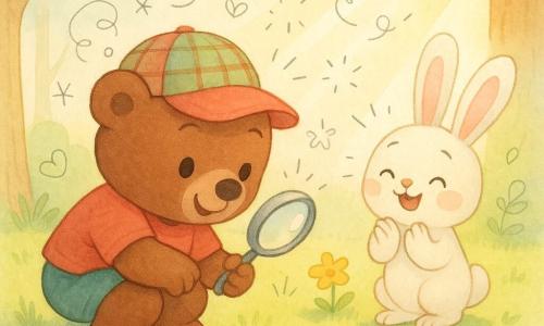 Petit Ours, un ourson brun rondouillard en casquette à carreaux rouge et vert, tient une loupe brillante et, accroupi, observe avec curiosité et joie l’ombre d’une feuille tournante sur l’herbe; à côté, Lapin, un petit lapin blanc aux grandes oreilles roses, sourit et applaudit, ravi par la découverte. En arrière-plan, une branche porte une feuille qui tourne et une fleur jaune projette une douce ombre. La scène se déroule dans une clairière ensoleillée au milieu d’une forêt douce : herbe verte tendre, fleurs éparses, troncs clairs, rayons de soleil chauds et ombres nettes. Ambiance lumineuse, paisible et pleine de curiosité, tons pastel, lignes rondes et textures aquarelle, avec de petits doodles (flèches, loupe, étoiles) pour souligner l’esprit d’enquête.