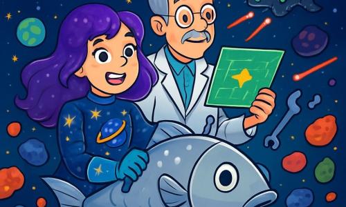 Lila, une jeune femme aux cheveux violets brillants, sourit avec excitation tout en manœuvrant un vaisseau spatial en forme de poisson argenté. À ses côtés, son père, un homme d'âge moyen aux cheveux argentés et lunettes rondes, observe une carte holographique, concentré et fier, vêtu d'une blouse de laboratoire. Ils traversent un champ d'astéroïdes colorés, illuminés par des lumières scintillantes, tandis que des planètes vives et des comètes ajoutent de la magie à la scène. Ils fuient un vaisseau pirate menaçant, entourés de lasers, créant une atmosphère de tension et d'excitation.