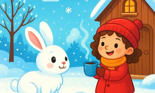 Un petit lapin blanc nommé Nuage, avec une fourrure douce, se tient dans un jardin couvert de neige scintillante. Ses grandes oreilles sont dressées et ses yeux brillent d'excitation. Il fait des pas dans la neige, laissant des empreintes en forme d'étoile. À proximité, une petite fille aux cheveux bouclés et aux joues roses, portant un manteau rouge et une écharpe, sourit en tenant une tasse de chocolat chaud. Elle regarde Nuage avec bienveillance, près de la maison en bois. Le jardin est entouré d'arbres dénudés et le ciel est bleu clair avec des nuages blancs. La scène montre Nuage découvrant la magie de l'hiver, marchant joyeusement dans la neige, encouragé par la petite fille.