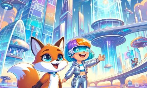 Au centre de l'image, un jeune renard nommé Flammèche, avec un pelage orange vif et des yeux malicieux, exprime de l'émerveillement en observant un bâtiment futuriste. À ses côtés, une petite fille aux cheveux bleus, portant une combinaison argentée et des lunettes de réalité augmentée, sourit en montrant quelque chose d'incroyable dans le ciel. En arrière-plan, la Techno-Cité se compose de bâtiments en verre, de jardins suspendus et de véhicules volants dans un ciel bleu. Des hologrammes ajoutent une touche de magie à l'environnement. Flammèche et Lila sont émerveillés par la beauté de cette ville futuriste, prêts à explorer un monde rempli de technologies et de surprises.