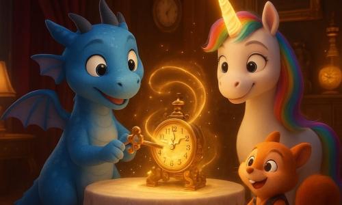 Pacifique, un dragon moyen bleu aux taches argentées, tient une vieille clé dorée et assemble une horloge qui s'illumine ; Lila, une licorne à la crinière arc‑en‑ciel, projette une lueur magique, et Gustave, un petit animal roux en gilet rayé et monocle, pousse une brouette de biscuits dans un salon ancien richement décoré où la clé tourne, un tourbillon de lumière dorée les enveloppe et les horloges alentour scintillent et flottent, créant une atmosphère chaleureuse et merveilleuse.