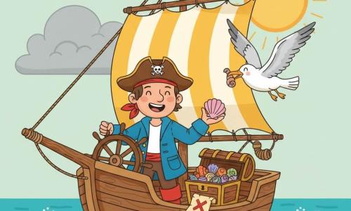 Léo, un pirate souriant coiffé d’un chapeau marron, veste bleue et bottes rouges, tient la barre d’une main et montre un coquillage de l’autre sur un petit bateau rond en bois à voile rayée jaune et blanche; une mouette blanc et gris vole près de lui en tenant un coquillage, et un coffre en bois ouvert sur le pont révèle des coquillages colorés et une carte avec une large croix rouge; la embarcation flotte sur une mer bleu turquoise aux petites vagues scintillantes sous un ciel partiellement nuageux — gros nuage gris à gauche et soleil doré à droite créant des reflets brillants — scène chaleureuse et lumineuse, couleurs vives, formes simples et composition centrée sur Léo et le coffre pour évoquer joie et découverte.