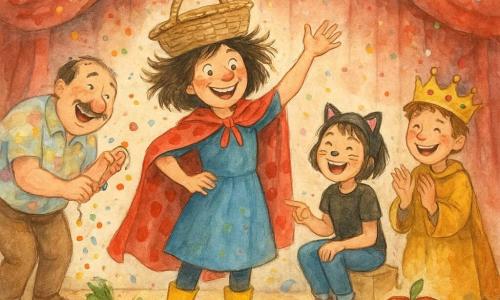 Super-Mimi, femme espiègle souriante coiffée en désordre avec cape rouge à pois, bottes jaunes et panier en osier de travers sur la tête, salue théâtralement au centre d'une petite scène intérieure « salle des Rires » (parquet usé, rideau rouge), tandis que Monsieur Bulle, enseignant rond et bienveillant à moustache fine et chemise colorée, penché à gauche, rit en tirant une ficelle de confettis ; à droite Lila, 8 ans déguisée en chat, assise sur un marchepied, éclate de rire en pointant une pomme chantante tombée au sol, et Sacha, 9 ans en costume doré de roi des biscuits, tient sa couronne de travers derrière Super-Mimi en riant et applaudissant; ambiance joyeuse après une maladresse avec pluie de confettis multicolores, légumes en plastique qui roulent, chapeaux et moustaches en carton éparpillés, mouvements exagérés et traits aquarelle doux avec éclaboussures contrôlées.