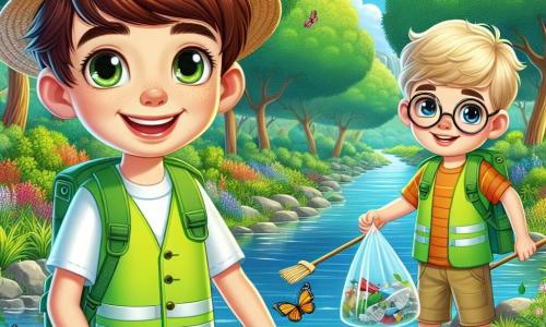 Lucas, un garçon de 10 ans aux cheveux châtains et aux yeux curieux, se tient au bord d'une rivière scintillante. Il porte un gilet fluorescent vert et un chapeau de paille, souriant de joie. À ses côtés, son ami Thomas, également âgé de 10 ans, aux cheveux blonds et lunettes rondes, ramasse des déchets avec un sac plastique, affichant une expression déterminée. Le décor est une réserve naturelle luxuriante avec des arbres majestueux, des fleurs colorées et des papillons multicolores. En arrière-plan, un ciel bleu clair avec des nuages blancs. Lucas et Thomas nettoient la rivière, entourés de déchets, montrant leur engagement pour la protection de l'environnement dans une atmosphère joyeuse.