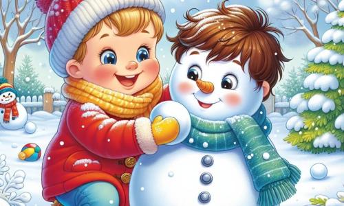 Un petit garçon de 3 ans, Tom, construit un bonhomme de neige dans un jardin enneigé. Il porte un manteau rouge, une écharpe bleue et des gants jaunes, souriant en roulant une boule de neige. À ses côtés, Lucas, 4 ans, avec des cheveux bruns en bataille et un bonnet vert, l’aide en ajoutant une boule de neige et rit en lançant une boule de neige en l’air. Le jardin est couvert de neige scintillante, avec des arbres chargés de flocons et un ciel bleu clair. La scène illustre l’amitié et la joie de l’hiver avec Tom et Lucas créant ensemble un bonhomme de neige.