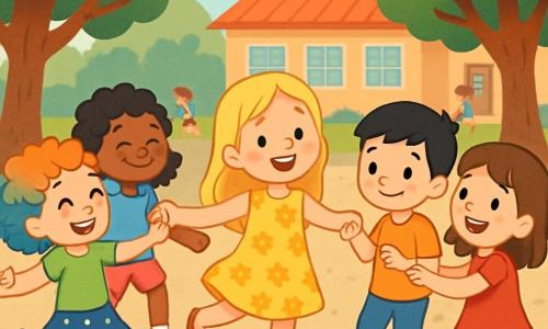 Cinq enfants dansent dans une cour d'école ensoleillée. Léa, 8 ans, avec de longs cheveux blonds et une robe jaune à fleurs, danse joyeusement. Emma, 7 ans, avec des cheveux châtains et des lunettes rondes, porte un t-shirt bleu et un short rose, tenant la main de Lucas. Zoé, 8 ans, aux cheveux bouclés et colorés, est à gauche de Léa, dansant avec un t-shirt vert et une jupe à pois. Sarah, 7 ans, avec des cheveux bruns et une robe rouge, se tient à droite de Léa, riant et encourageant Lucas. Lucas, 8 ans, avec des cheveux noirs et un t-shirt orange, sourit et danse pour la première fois, entouré par les filles. La cour, avec des arbres et des fleurs, crée une atmosphère joyeuse, illustrant l'inclusion et la gentillesse.