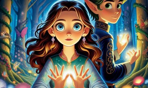 Au centre de l'image, Lou, une fille de 12 ans, a un regard émerveillé et déterminé. Elle a de longs cheveux bruns légèrement ondulés et porte une robe colorée à motifs floraux, ainsi qu'un pendentif scintillant. Ses yeux brillent d'excitation alors qu'elle lève les mains, canalisant une magie lumineuse. À ses côtés, Elin, un elfe de 14 ans aux cheveux verts, sourit et se tient prêt à l'aider. En arrière-plan, une forêt enchantée avec des arbres majestueux et des fleurs multicolores émet une douce lueur, peuplée de créatures fantastiques. Lou libère une puissante énergie magique, créant une barrière de lumière pour protéger son monde des forces obscures, tandis qu'une ombre menaçante, le Noxar, se profile à l'horizon.
