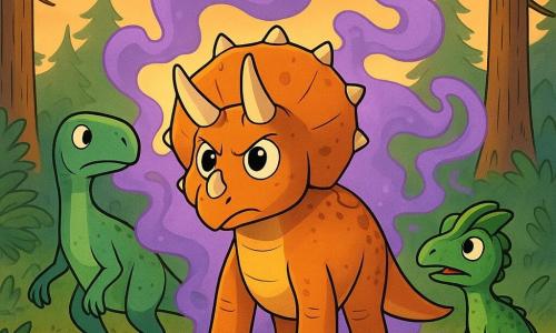 Téra, un tricératops curieux, est au centre de l'image avec ses trois cornes dressées et ses yeux déterminés. Elle se tient fermement sur le sol, entourée de fumée violette. À sa droite, Dilo, un dilophosaure espiègle, observe avec crainte et curiosité, ses écailles vertes scintillant. À gauche, Iggy, un iguanodon aux bras longs, regarde Téra avec admiration, ses yeux reflétant doute et espoir. La scène se déroule dans une forêt préhistorique avec des fougères géantes et des troncs de conifères sous un ciel orangé. La fumée violette serpente entre les arbres, créant une atmosphère mystérieuse. La situation montre Téra et ses amis prêts à affronter leurs peurs, unis dans un moment de courage collectif.