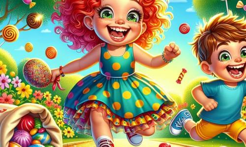Au centre de l'image, Capucine, une fille de 8 ans aux boucles rousses, saute de joie avec un grand sourire. Elle porte une robe à pois et tient un sac rempli de bonbons. À ses côtés, Max, un garçon de 8 ans aux cheveux bruns en bataille, court en riant, vêtu d'un t-shirt bleu et d'un short jaune, prêt à attraper des bonbons qui tombent du ciel. En arrière-plan, un parc ensoleillé avec des arbres verts, des fleurs colorées et un chemin en caramel scintillant est rempli de bonbons. Capucine et Max récoltent des bonbons tout en esquivant un monstre de bonbons géant, créant une ambiance joyeuse et festive. Leurs rires ajoutent à l'atmosphère d'aventure et de camaraderie.