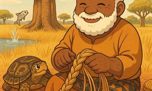 Baba, environ 60 ans, visage rond et barbe blanche douce, sourire calme et yeux rieurs, est assis sous un grand baobab et tresse une grosse natte en fibres naturelles; il porte une tunique ocre et un pagne à motifs, ses mains larges marquées de cicatrices montrent une expression patiente et sereine. Une tortue lente à carapace sombre marbrée de jaune avance à sa gauche comme pour l'encourager, et un petit poisson argenté saute du fleuve à l'arrière-plan en éclaboussant. Le décor présente herbe haute dorée, quelques manguiers au loin, sol de terre rouge et coussins de brins de natte autour de lui, oiseaux colorés perchés dans l'arbre; lumière douce du matin aux tons chauds (jaune, orange, ocre), ombres longues, atmosphère paisible et intime, style manga simple aux traits doux, couleurs vives et textures visibles, composition centrée sur Baba et sa natte.