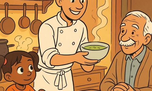Noé, chef cuisinier d'une trentaine d'années, souriant, en tablier blanc et chemise retroussée, tend vers la droite un bol fumant de soupe verte ; Zoé, fille d'environ six ans aux couettes et yeux émerveillés, est à gauche près d'une planche en bois en train d'écosser des petits pois dont quelques perles roulent sur le plan de travail ; Monsieur Marcel, un homme de 75 ans aux cheveux blancs et moustache fine, est assis en retrait près de la porte, emmitouflé dans un cardigan, souriant timidement vers Noé, un panier fermé posé entre eux ; la cuisine du petit restaurant « Le Nuage Doré » montre un grand plan de travail en bois, une marmite en fonte fumante, étagères garnies de bocaux, casseroles en cuivre suspendues et une lumière chaude jaune-orangée créant des ombres douces — moment tendre et chaleureux où Noé offre la soupe-jardin pendant que Zoé prépare les petits pois.