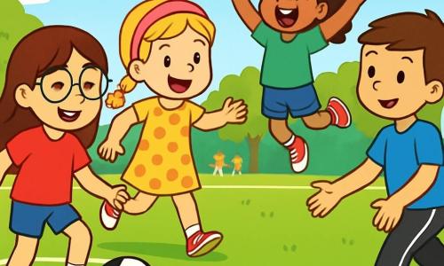 Quatre enfants jouent au foot : Lina, 8 ans, cheveux bruns et lunettes, dribble avec un sourire ; Emma, 7 ans, cheveux blonds en tresses, court vers le ballon ; Zoé, 8 ans, cheveux bouclés, saute pour attraper le ballon ; Yanis, 9 ans, cheveux courts, passe le ballon à Lina. Ils sont sur un terrain de foot en pleine air, entouré d'arbres et d'autres enfants jouant. La scène illustre l'amitié et la joie.