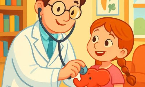Un homme, le Docteur Martin, souriant, porte une blouse blanche. Il a des cheveux bruns ondulés et des lunettes rondes. Il écoute le cœur d'une petite fille, Emma, 7 ans, aux tresses rousses et yeux pétillants, qui le regarde avec curiosité. Elle porte un t-shirt rose et un pantalon en jean, tenant un ballon en forme d'éléphant. Le cabinet est chaleureux, avec des murs jaune pastel, des étagères de livres colorés et des affiches de fruits. Le Docteur Martin examine Emma avec soin, tandis qu'elle sourit, créant une atmosphère joyeuse et colorée, illustrant leur lien de confiance.