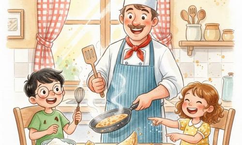Un chef souriant en toque et tablier rayé retourne une crêpe dorée dans une poêle fumante tandis que Clara, 6 ans, cheveux bouclés châtain clair en robe jaune à pois, les mains farineuses, rit et pointe la crêpe tombée sur la table, et Hugo, 7 ans, cheveux courts noirs et lunettes rondes en t‑shirt vert taché de chocolat, tient un petit fouet, émerveillé ; petite cuisine chaleureuse avec table en bois, miettes, rideaux rouges à carreaux, pots en céramique, bol renversé de farine et soleil entrant par la fenêtre — ambiance conviviale et colorée, vapeur et éclaboussures visibles, composition centrée sur la table et les trois personnages.