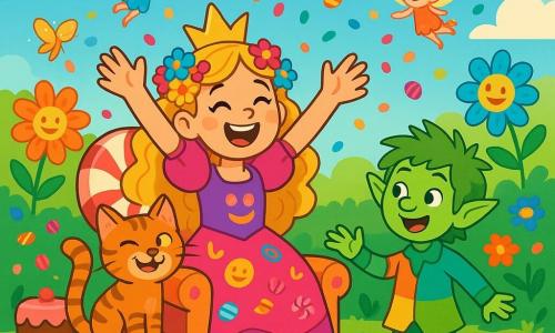 La princesse Pétulante, une jeune fille joyeuse de 10 ans aux longs cheveux bouclés et dorés ornés de fleurs, porte une robe éclatante rose et violet avec des motifs de rires. Elle rayonne de bonheur sur un trône en bonbons, levant les bras pour accueillir ses invités. À ses côtés, Grignote, un chat espiègle au pelage tigré, s'amuse sur le trône, tandis que Lutin Loulou, un petit bonhomme à la peau verte et aux cheveux ébouriffés, s'approche avec un grand sourire, prêt à raconter une blague. Le décor est un jardin enchanté rempli de fleurs chantantes, de guirlandes lumineuses et de gâteaux dansants, avec des fées volant autour. Pétulante annonce le début du concours de blagues, entourée de rires et de joie, sous une pluie de bonbons colorés.