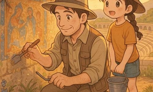 Un archéologue d'une quarantaine d'années au sourire doux et aux yeux curieux, chemise beige poussière, chapeau large et gilet à poches, agenouillé avec une truelle et un pinceau fin, nettoyant délicatement une fresque bleue, ocre et rouge sur un mur ancien ; une fille, Léa, environ 10 ans, fille, cheveux châtains en tresse, chapeau trop grand, yeux émerveillés, se tient derrière lui à droite avec un petit seau en regardant la fresque avec admiration ; lieu : belvédère en pierre surplombant un amphithéâtre antique, sol terreux avec fragments de poterie rouges et jaunes, herbes sauvages, fleurs bleues et racines grises recouvrant partiellement le mur ; coucher de soleil à la lumière dorée chaude illuminant la scène, ambiance calme, magique et respectueuse avec poussières lumineuses flottantes ; style : traits manga doux, visages ronds et expressifs, couleurs chaudes et textures terreuses, composition centrée sur la fresque et les deux personnages.