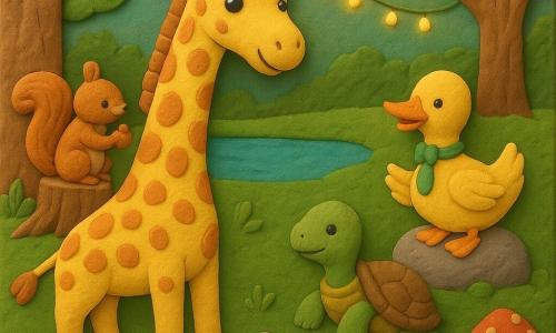 Lila, une grande girafe au visage doux et au long cou tacheté, penchée comme pour chuchoter au centre d'une clairière, raconte une histoire tandis qu'autour d'elle un canard à cravate verte applaudit assis sur une pierre, un écureuil roux jongle une petite pomme depuis un tronc, une tortue à la carapace verte et marron observe paisiblement au premier plan et plusieurs petits animaux — un lapin blanc, une souris grise, un renard roux pâle et un hérisson brun — sont assis en cercle sur la mousse; la clairière, couverte d'une mousse douce avec quelques champignons, une guirlande de lucioles suspendue et un petit étang miroir, est baignée d'une lumière dorée de fin de journée.