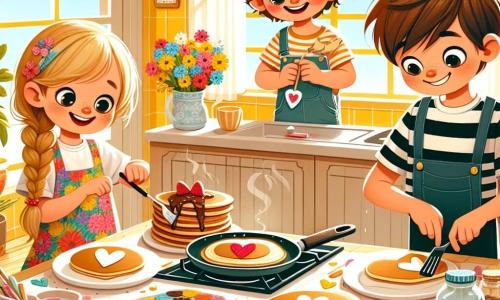 Trois enfants sont réunis dans une cuisine ensoleillée : Lucas, 8 ans, avec des cheveux bruns en bataille et des lunettes rondes, est devant la cuisinière, souriant avec une spatule pour retourner un pancake en forme de cœur. Emma, 7 ans, avec des cheveux blonds tressés et une robe colorée à fleurs, décore la table avec des fleurs en papier multicolores, les yeux pétillants de joie. Tom, 9 ans, avec des cheveux châtains et un t-shirt à rayures, sort un pot de chocolat d'un petit sac en toile, riant. La cuisine est lumineuse avec des murs jaunes et des fenêtres ouvertes. Les enfants préparent une surprise pour la fête des pères, illustrant l'amour et la joie partagés en cette belle journée.
