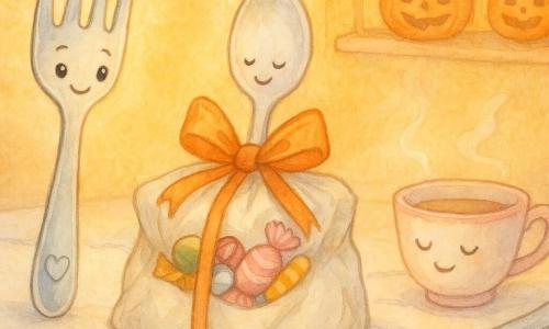 Une petite fourchette argentée, nommée Fourchounette, avec un cœur gravé sur le manche, brille d'un éclat curieux et joyeux. Elle est posée sur une nappe blanche ornée de fils argentés, qui danse doucement sous une lumière orangée. À côté d'elle, une cuillère ronde et douce, Cuilli, sourit en chantonnant, tandis qu'une tasse à thé au bord rose, Tassela, souffle délicatement sur la nappe. Un couteau sage, Monsieur Tranchant, lisse un coin de la nappe avec précaution. La scène se déroule dans une cuisine chaleureuse aux murs jaunes, où des citrouilles souriantes décorent le seuil. La situation principale montre la nappe qui se transforme en un paquet surprise rempli de friandises, entourée d'ustensiles qui collaborent joyeusement pour préparer une fête d'Halloween magique et colorée.