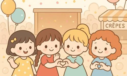Quatre filles de 3 ans — Lila (robe jaune à pois blancs, cheveux courts noirs, à gauche, main levée), Mina (robe rouge, tresses brunes, à côté de Lila, chuchotant vers le public), Zoé (robe menthe, cheveux blonds en couette, à droite de Mina) et Ana (robe bleu ciel, cheveux roux bouclés, à l’extrême droite) — sont alignées devant une estrade sur une place de carnaval en plein jour, formant ensemble un grand cœur avec leurs mains jointes; autour d’elles guirlandes colorées, confettis roses et dorés, ballons pastels, tambours, paillettes et bulles flottent, le public flou applaudit, le style est aux couleurs vives, contours arrondis et expressions joyeuses, simple et lisible pour un enfant.
