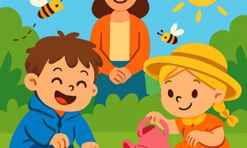 Un petit garçon de 2 ans, Paul, avec des cheveux bruns en désordre et un grand sourire, est accroupi dans un jardin ensoleillé avec une petite pelle rouge. Il porte un manteau bleu vif et des bottes jaunes. À côté de lui, sa copine Zoé, également âgée de 2 ans, arrose une graine avec un arrosoir rose. Le jardin est rempli de terre brune, de fleurs colorées et d'abeilles. En arrière-plan, une maîtresse souriante observe les enfants, entourée d'arbres et d'un ciel bleu clair. La scène montre Paul et Zoé plantant des fleurs, heureux de contribuer à la nature, sous les rayons du soleil.