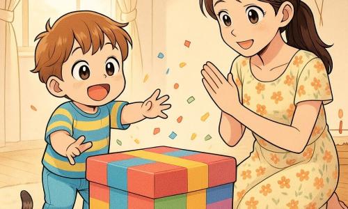 Garçon de 2 ans joufflu, expression joyeuse et émerveillée, cheveux châtain clair en mèches, t-shirt rayé bleu et jaune et pantalon en coton, touchant une grande boîte colorée qui fait « pouf » au centre du tapis ; maman d'environ 30 ans accroupie derrière la boîte, sourire doux, cheveux longs attachés, robe légère à fleurs, mains prêtes à applaudir ; petit chat gris tigré aux yeux verts roulé en boule près du tapis, queue relevée ; salon baigné de lumière du matin, murs crème, grandes fenêtres avec rideaux légers, guirlandes en papier, ballons au plafond et gâteau simple sur une table basse à droite ; ambiance surprise et fête avec confettis, couleurs vives et palette pastel, traits nets et expressions exagérées style manga.
