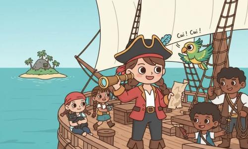 Capitaine Lou, femme pirate malicieuse, tient une longue-vue dorée et une carte au trésor sur le pont du “Joyeux Dauphin” ; elle porte un tricorne noir à plume bleue, veste rouge courte, bottes marron et une mèche rebelle, tandis que Biscotte, perroquet vert et jaune, vole près de son épaule ; Moussa (≈11 ans) tient des cordages, Pablo (≈10 ans) pointe l’horizon, Zoé (≈9 ans) tient le chat noir Gribouille assise près du bastingage et Mina (≈8 ans) saute avec une boussole ouverte ; bateau en bois aux grandes voiles blanches, mer turquoise calme, ciel clair et au loin une petite île aux palmiers et plage dorée ; scène kawaii minimal d’émerveillement montrant l’équipage découvrant une île changeante, couleurs pastels vives, formes arrondies et atmosphère joyeuse.
