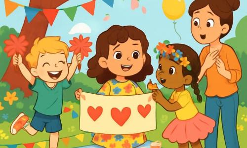 Quatre personnages sont présents : Léa, une fille de 8 ans avec des cheveux châtains bouclés, souriante au centre, tenant une banderole décorée de cœurs ; Tom, un garçon de 8 ans avec des cheveux blonds en bataille, à gauche de Léa, agitant des pompons ; Inès, une fille de 8 ans avec des cheveux noirs tressés, à droite de Léa, tenant une couronne de fleurs ; et Sophie, une femme d’environ 35 ans, légèrement en arrière, surprise en découvrant le jardin décoré. La scène se déroule dans un jardin ensoleillé, rempli de fleurs colorées et de ballons, avec une couverture à carreaux sur l’herbe et un cerisier en fleurs en arrière-plan. Léa, Tom et Inès célèbrent la fête des mères, tandis que Sophie, émue, découvre la surprise, prête à recevoir un câlin collectif.