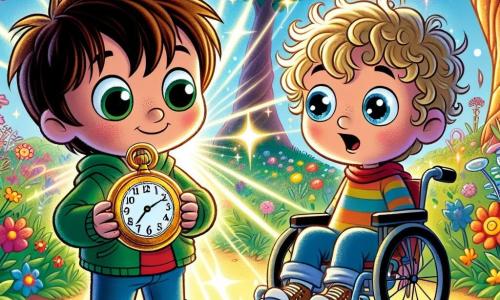 Max, un garçon de trois ans aux grands yeux curieux et cheveux bruns en bataille, se tient à gauche avec une montre ancienne brillante dans les mains et un sourire émerveillé. À droite, Tom, également âgé de trois ans, avec des cheveux blonds bouclés et un fauteuil roulant coloré, regarde Max avec excitation. Ils sont dans un jardin ensoleillé rempli de fleurs colorées et d'un grand chêne majestueux. La lumière du soleil filtre à travers les feuilles, créant des ombres dansantes. Max et Tom, entourés de couleurs scintillantes, viennent de découvrir la montre magique, sur le point d'être transportés dans un monde merveilleux avec des étoiles brillantes.