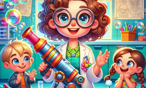 Lulu, une femme aux cheveux bouclés et bruns, porte une blouse de laboratoire colorée et des lunettes rondes. Elle sourit avec enthousiasme en tenant un pistolet à bulles géantes. À côté d'elle, Bob, un garçon blond de 8 ans, observe avec curiosité, tandis que Suzanne, une fille châtain de 7 ans, est assise par terre, riant et tenant un seau pour attraper les bulles. La scène se déroule dans un atelier lumineux, rempli d'outils et de bouteilles de liquide à bulles. Lulu appuie sur son pistolet, créant une énorme bulle entourée de petites bulles, suscitant rires et joie chez Bob et Suzanne.