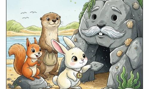 Un petit lapin blanc crème aux yeux brillants, museau frémissant et une boussole au cou, agenouillé devant l’entrée d’une cache rocheuse, pose sa patte sur une pierre plate; à gauche, une écureuil rousse aux grandes oreilles tient des graines et regarde la grotte avec impatience joyeuse; derrière le lapin, une loutre au pelage brun tient un sac d’outils, prête à aider; le Rocher-Trompeur, grand et gris avec stries blanches, fente souriante et trou rond, coquillages lumineux et algues, s’ouvre sur un tunnel éclairé par une lumière douce; scène sur une plage de galets et sable doré, petites flaques réfléchissant un ciel pâle, ambiance d’aventure calme, couleurs chaudes et traits d’encre délicats.