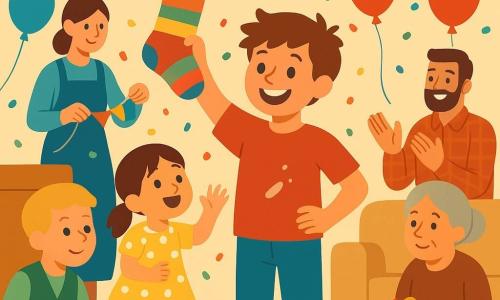 Un salon chaleureux où une famille fête le Nouvel An : un garçon de 8 ans, fier et rayonnant, cheveux châtains en bataille, t-shirt rouge taché de colle et jean, sourit en tenant d’une main une chaussette-piñata, l’autre sur la hanche ; sa sœur d’environ 5 ans, émerveillée, cheveux bruns en couettes et robe jaune à pois blancs, saute vers la piñata à sa droite ; Paul, ami de 8 ans, complice, cheveux blonds courts et gilet vert, accroupi à gauche près d’une table décorée avec des ciseaux et une bobine de ficelle ; la maman (~35 ans), émue et souriante, cheveux attachés et tablier bleu, range des guirlandes derrière la table ; le papa (~36 ans), joyeux, barbe légère et chemise à carreaux, applaudit près du canapé ; la grand-mère (~65 ans), attendrie, cheveux gris en chignon et pull doux, est assise sur le canapé avec une assiette de gâteau. Décor : murs crème, guirlandes papier multicolores, ballons rouges et bleus, grande fenêtre sur les lumières de la ville, tapis géométrique, table basse avec un gâteau orné d’étoiles en sucre. Ambiance festive et intime, confettis qui tombent, piñata-chaussette au centre prête à être brisée, couleurs vives et formes simplifiées, composition claire et lisible comme une affiche pour enfants.